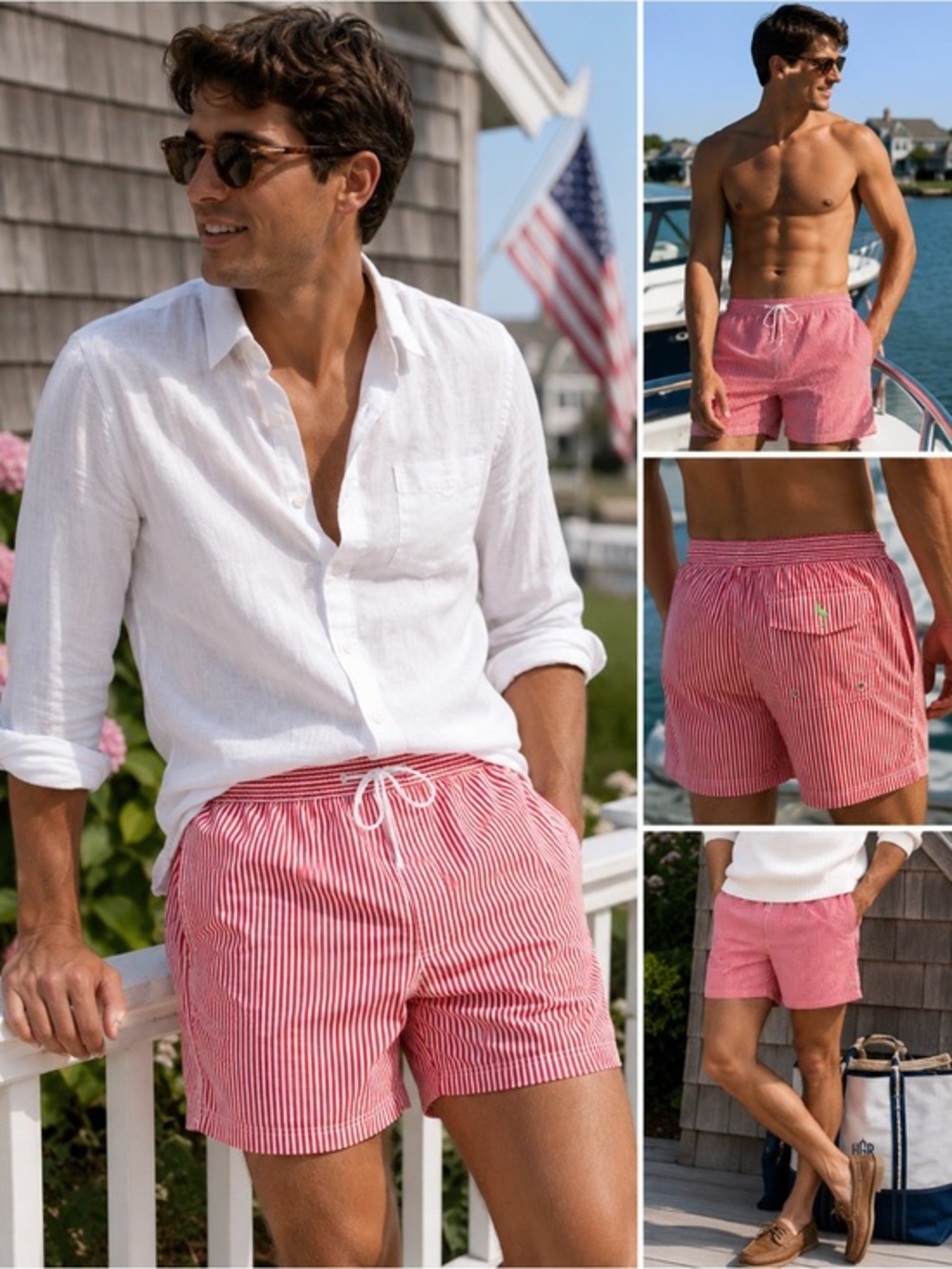 TailorByrd Red White Stripe Swim Trunks Coastal Prep Hamptons Resort Men’s Large